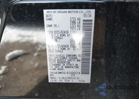 2016 Nissan Pathfinder Platinum/S/Sl/Sv z USA, uszkodzony, nr VIN 5N1AR2MM5GC656024